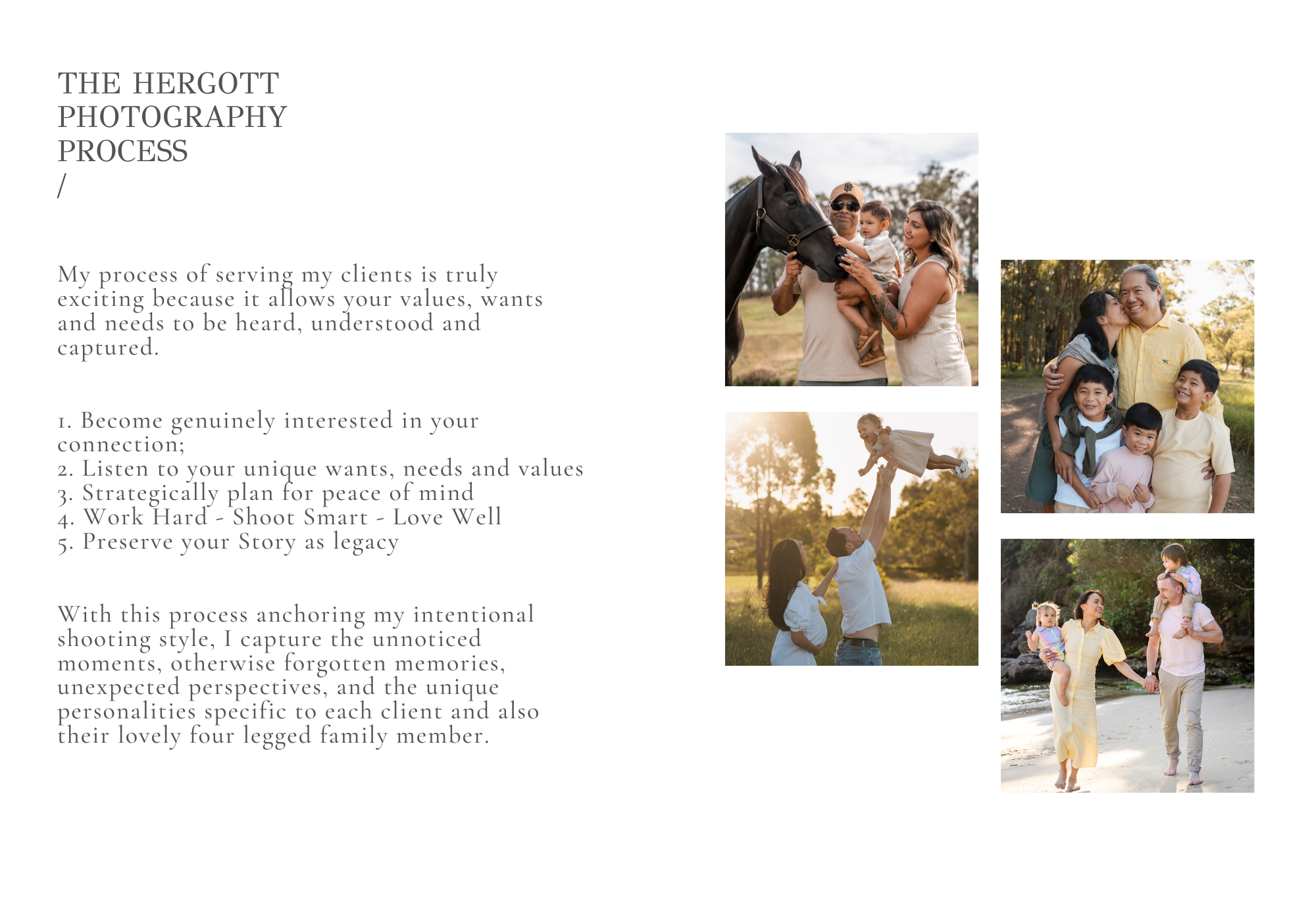 Photography process infographic showing sample photos and workflow steps.