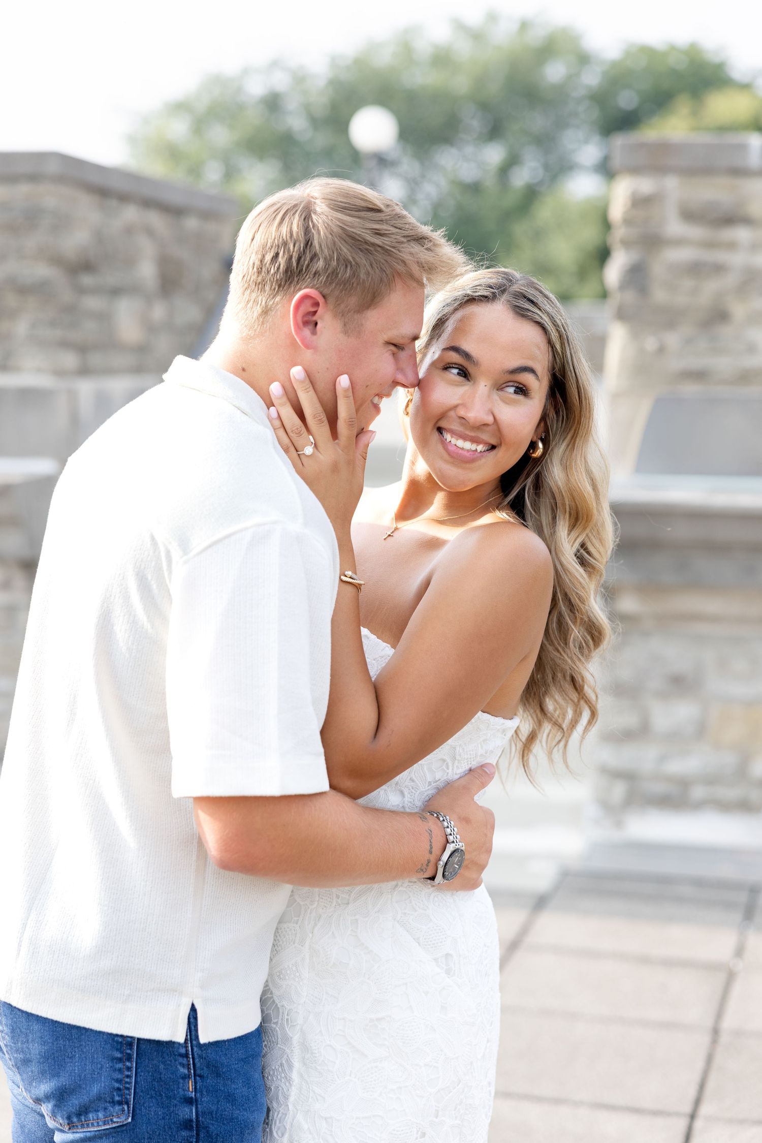 Romantic Ault Park engagement photos in Cincinnati, Ohio by Julia & Sean Photography, capturing a joyful couple during a golden hour engagem