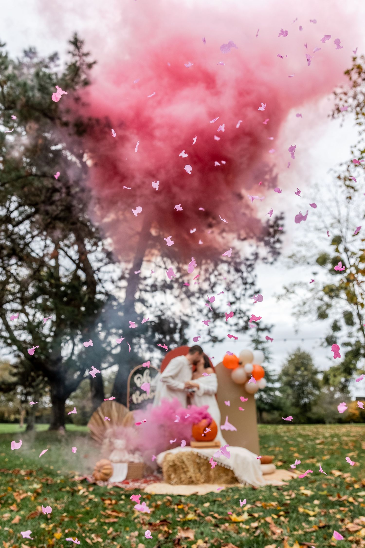 Pink gender reveal smoke bomb with confetti butterflies in a park setting with couple and fall decorations.
