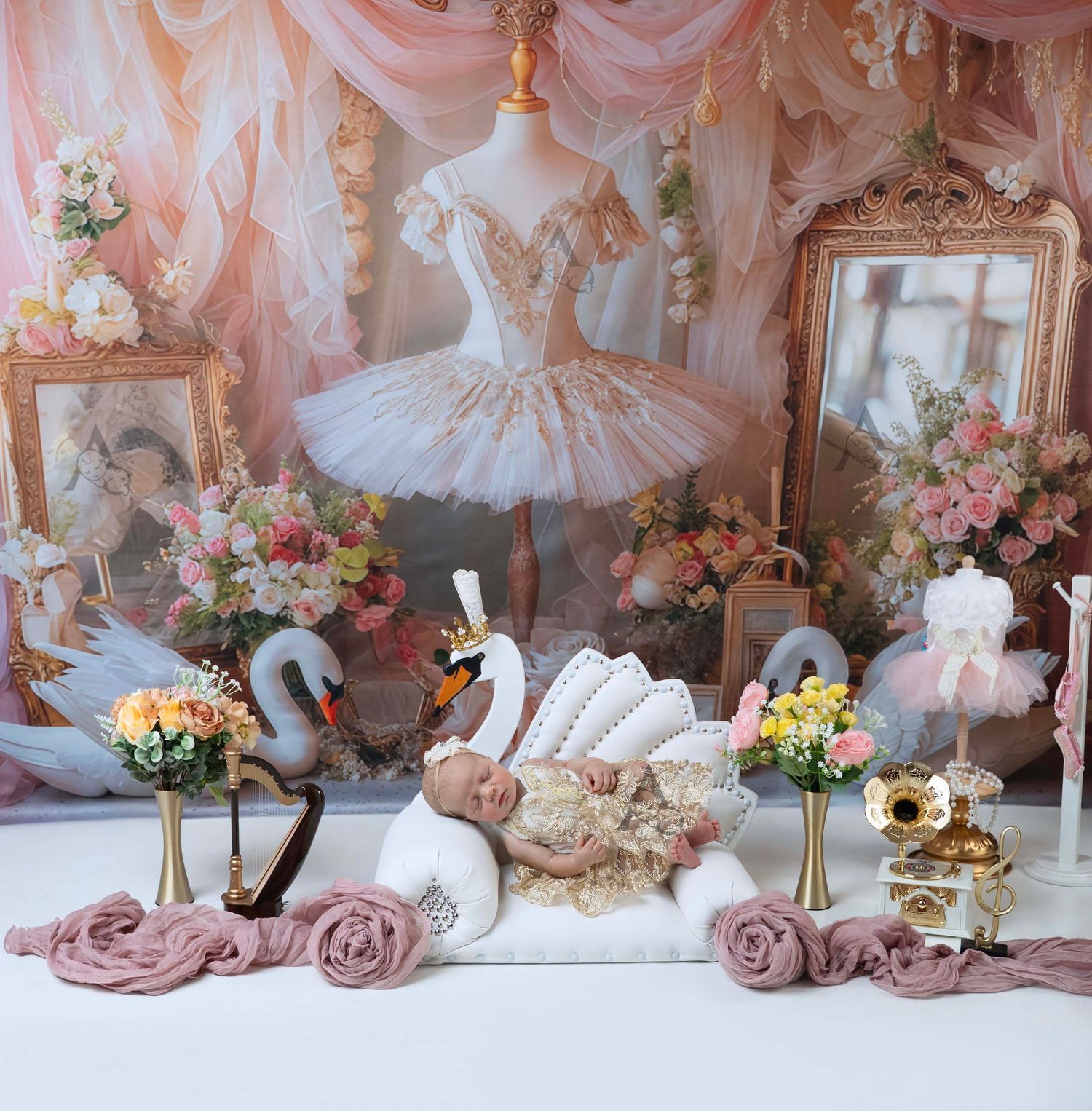 Newborn baby posed on decorative swan prop surrounded by flowers, ballet tutu, and elegant pink floral backdrop. At The Affinity Studio