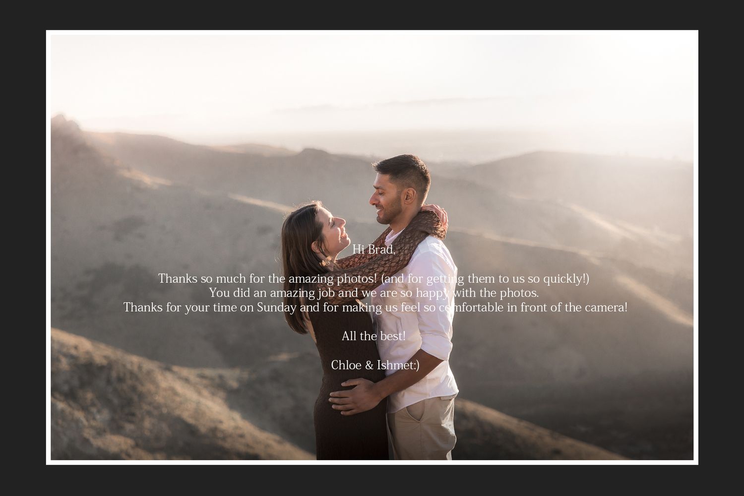 Romantic couple embracing at sunset on a mountain overlook with a heartfelt wedding photography testimonial overlay.