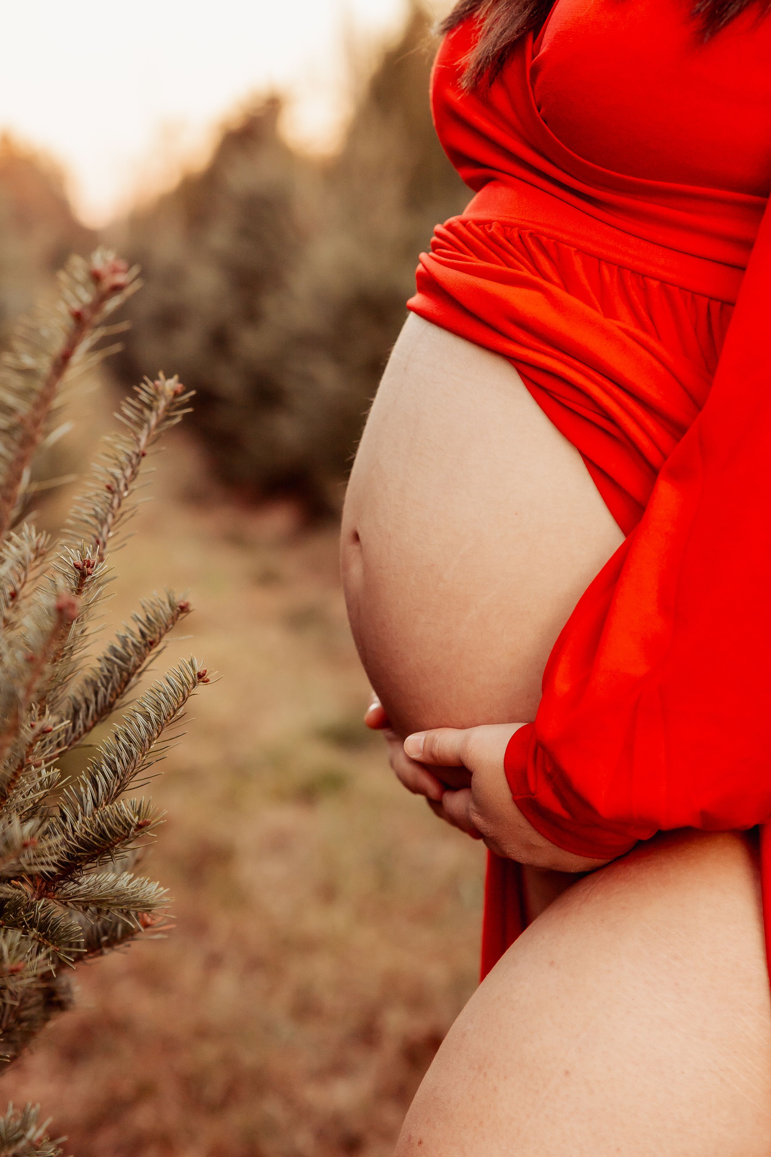 Pregnant woman in red dress cradling bare baby bump outdoors among evergreen trees at golden hour.