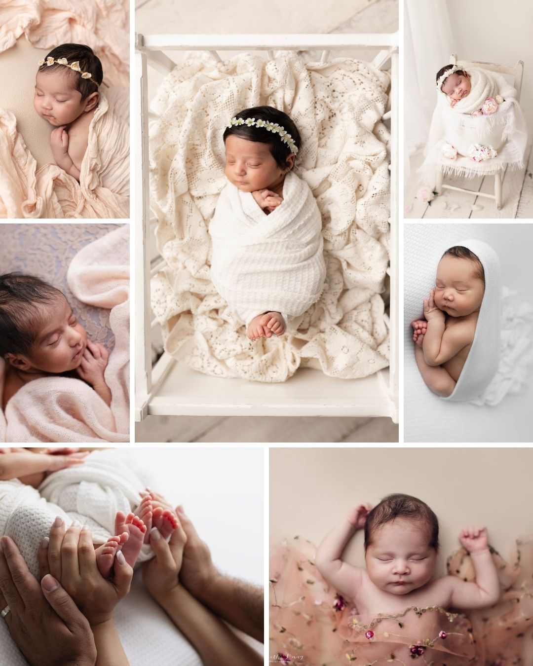 Newborn baby girl photo collage featuring soft pink wraps, floral headbands, and peaceful sleeping poses in a studio setting.