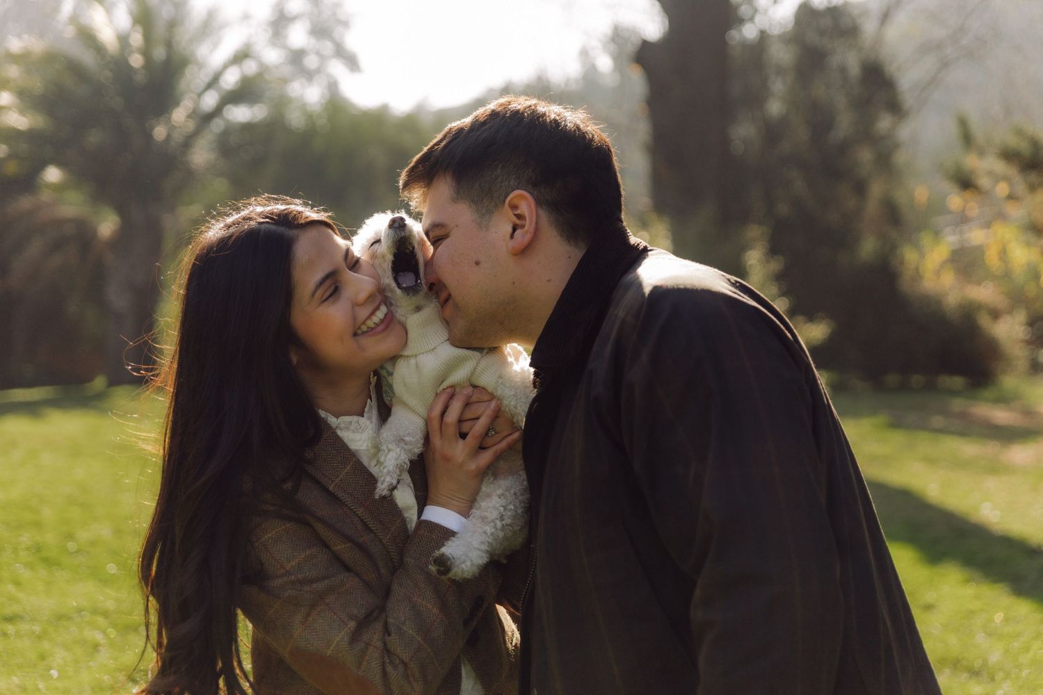 Smiling couple sharing a joyful moment with a small white dog in a bright sunny park.
