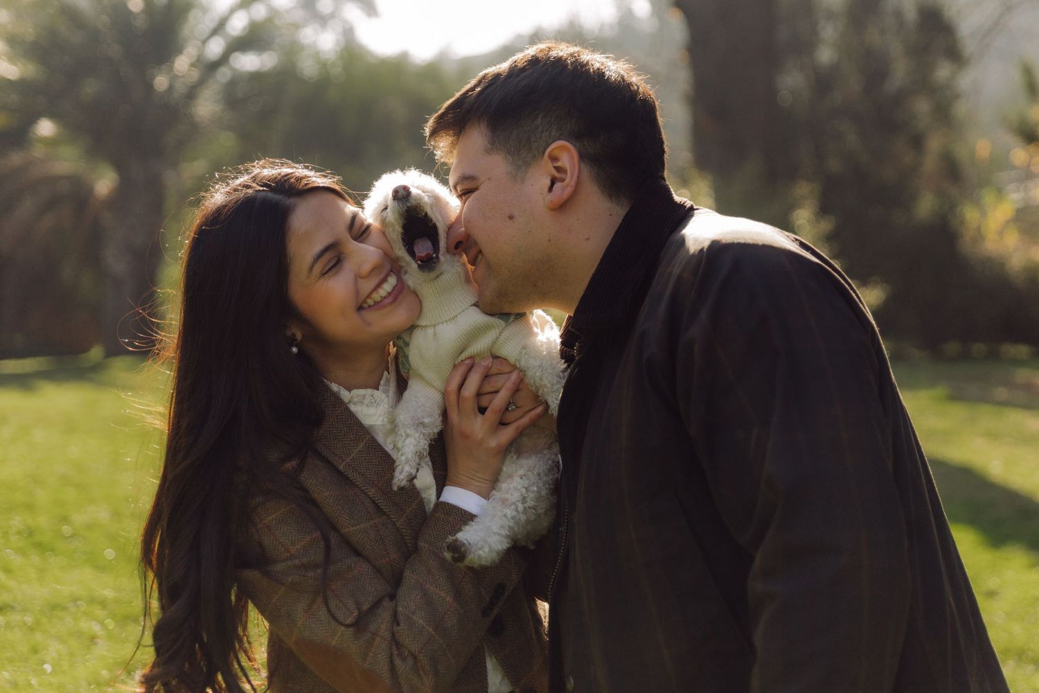 Happy couple smiling and kissing a small white fluffy dog together in a sunny outdoor park.