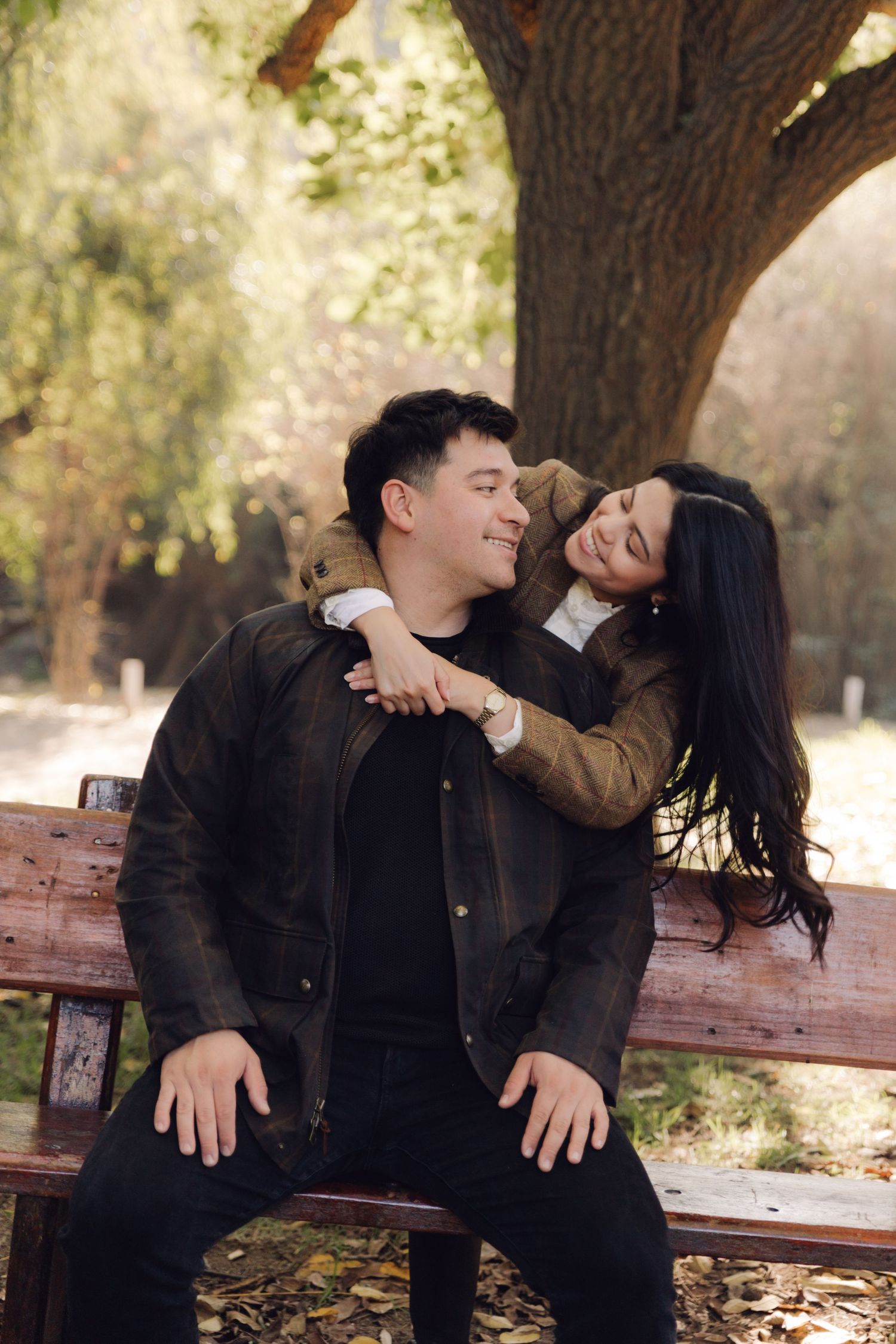 Happy couple embracing on a park bench beneath a large tree in warm autumn sunlight.