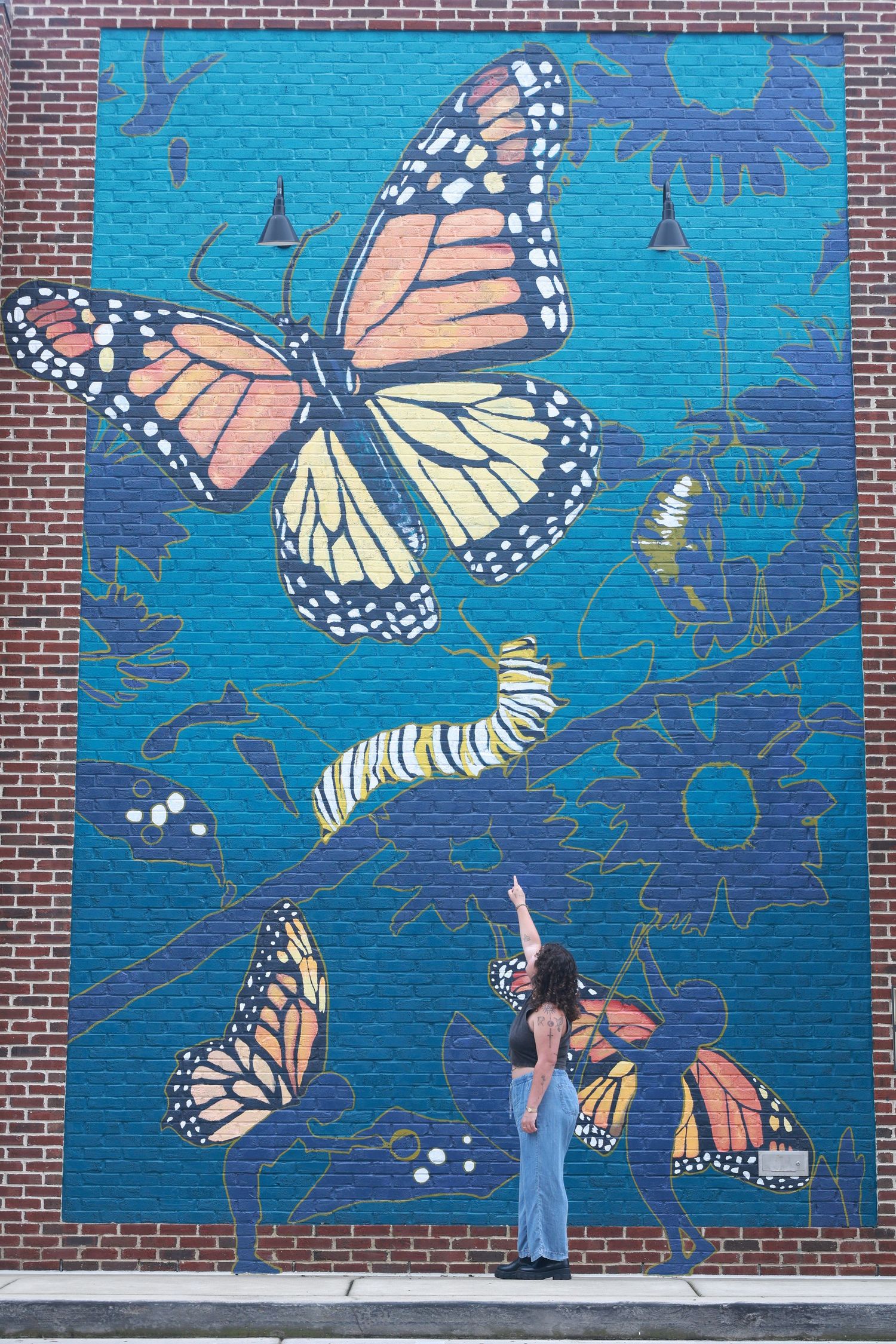 Person pointing at a vibrant monarch butterfly life cycle mural painted on a brick wall.