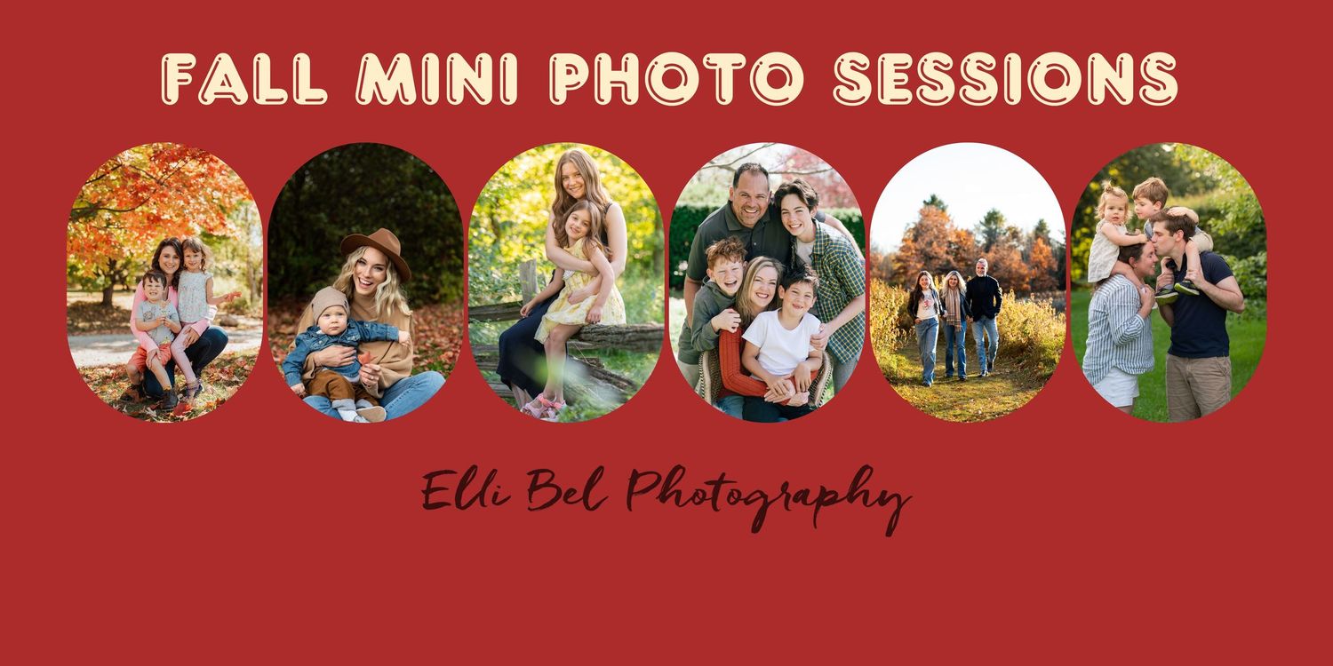 Elli Bel Photography mini photo sessions promotional collage showing five oval portrait images.