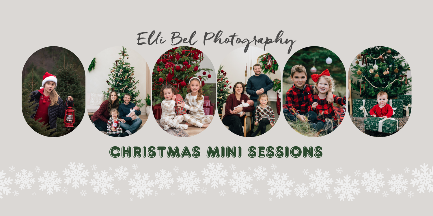 Elli Bel Photography mini photo sessions promotional collage showing five oval portrait images.