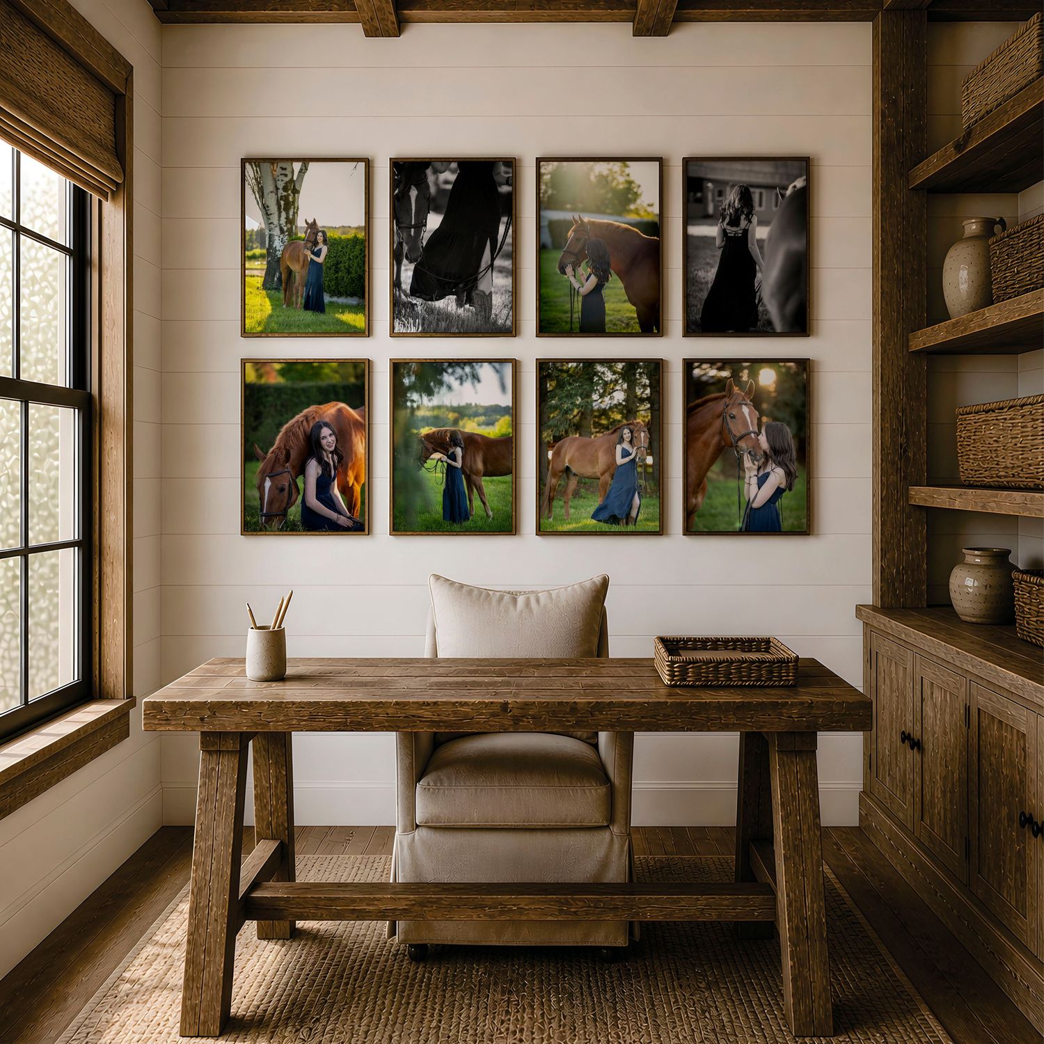 Rustic home office with wood desk and gallery wall of eight framed equestrian portrait photos in natural tones.