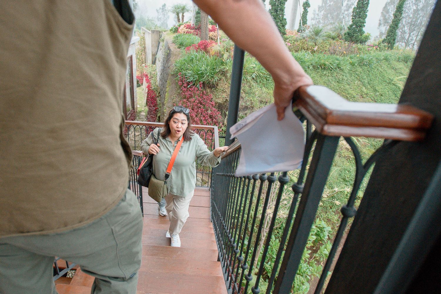 Woman climbing outdoor stairs with railing, surrounded by lush greenery and flowers, viewed from above.