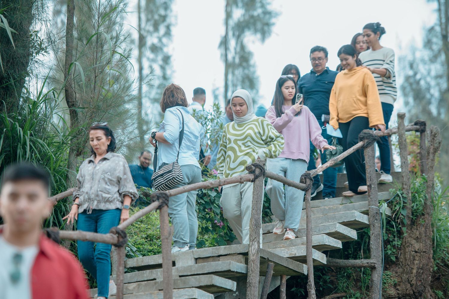 Group of tourists walking down wooden bridge stairs in a misty forest park setting.