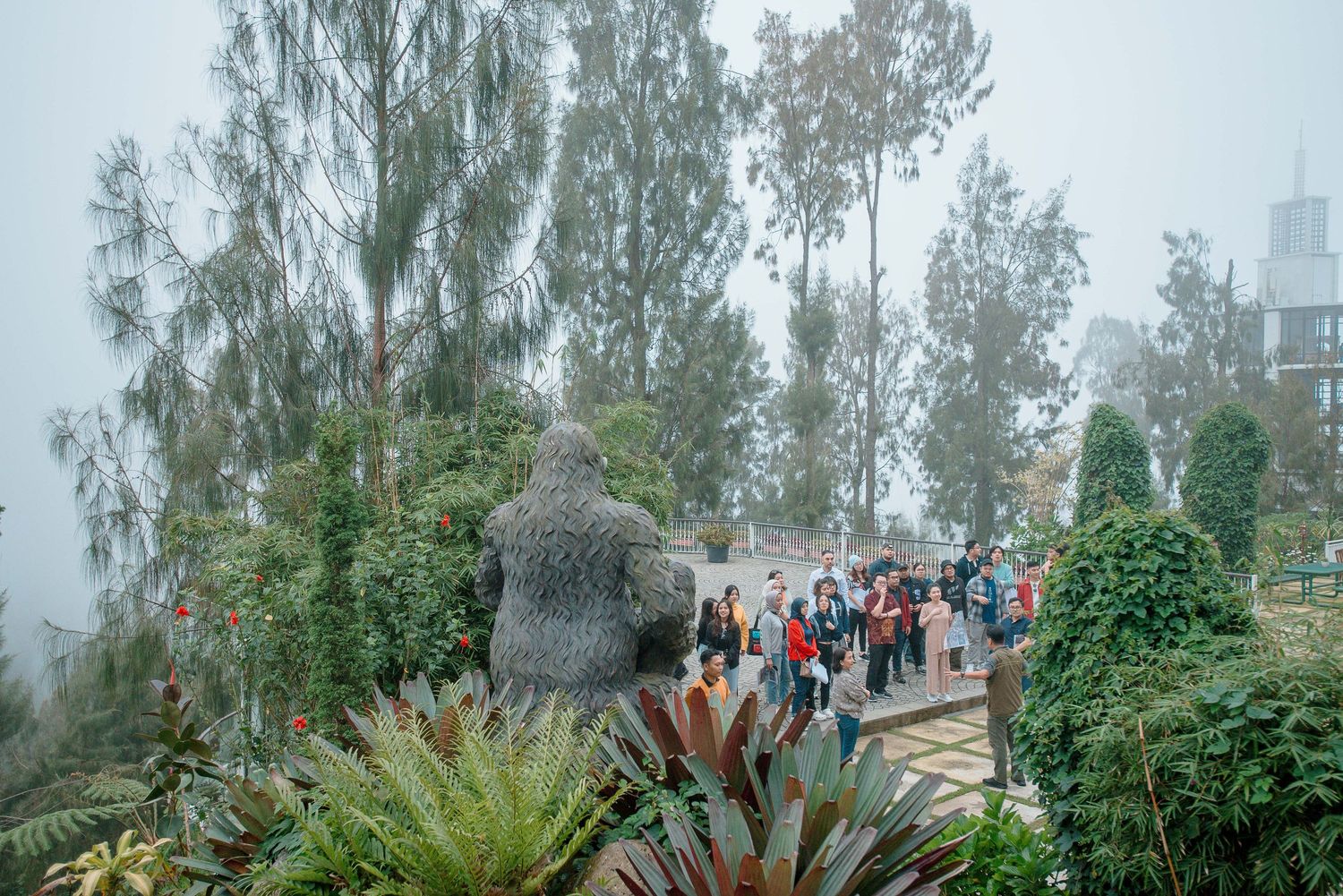 Tourists exploring a lush botanical garden on a misty day surrounded by tropical plants and tall trees.