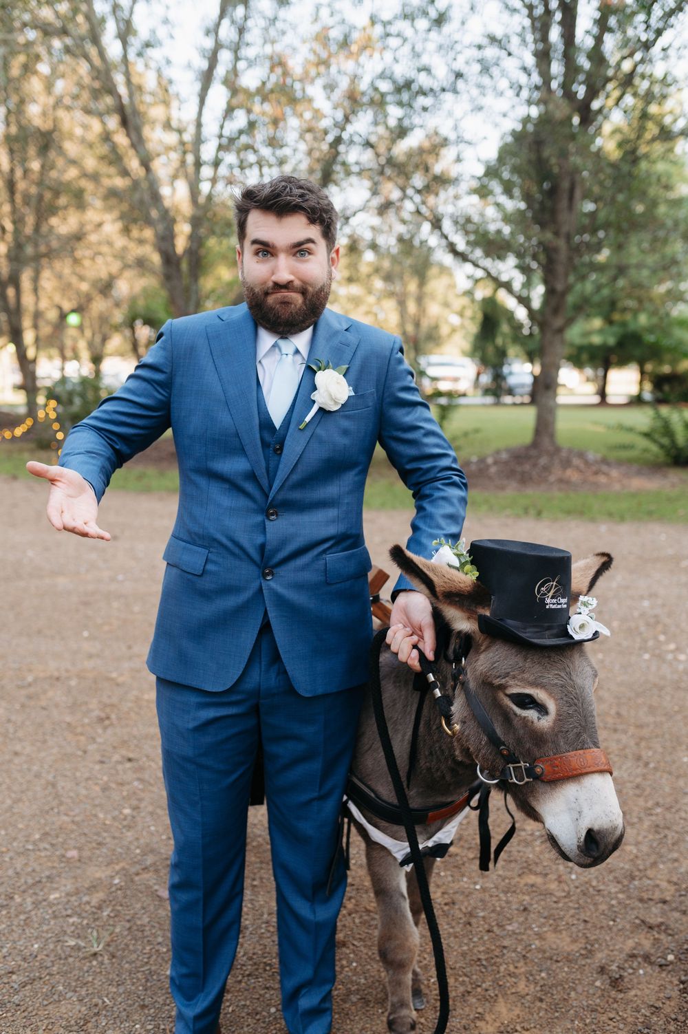 Groom in blue suit poses with a donkey wearing a top hat at an outdoor wedding celebration.