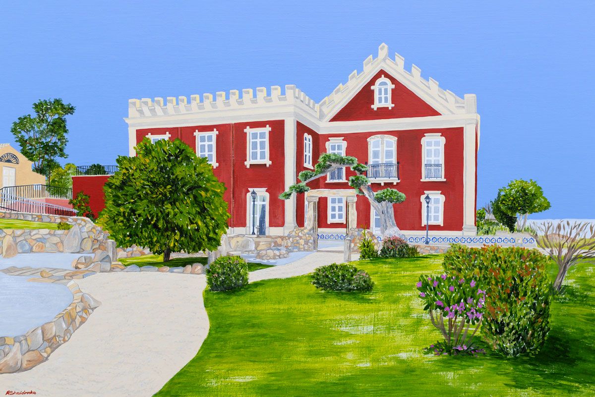 Stylized painting of a red and white lighthouse on rocky shore with bold blue and white wave patterns in the sky.