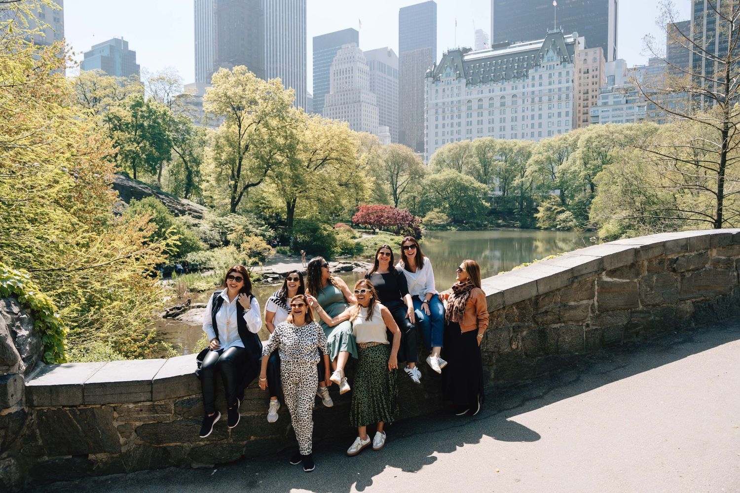 A group of tourists enjoying the scenic view from a stone overlook in Central Park with Manhattan skyscrapers in background.