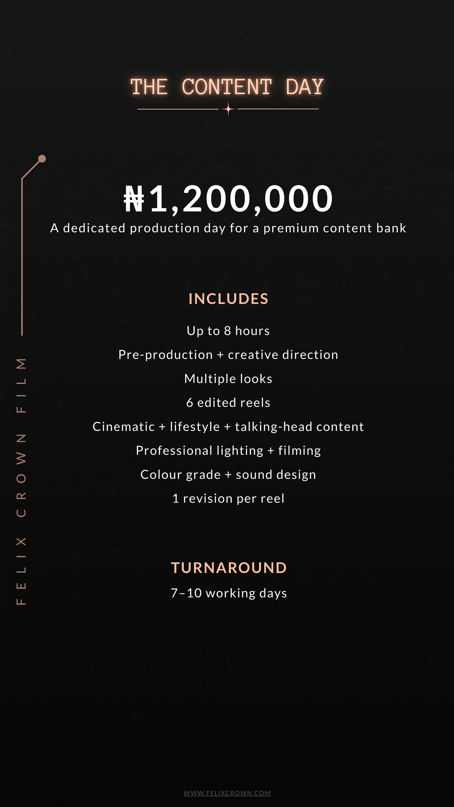 A dark themed photography pricing menu displaying various studio session packages and add-on services with costs in Naira.