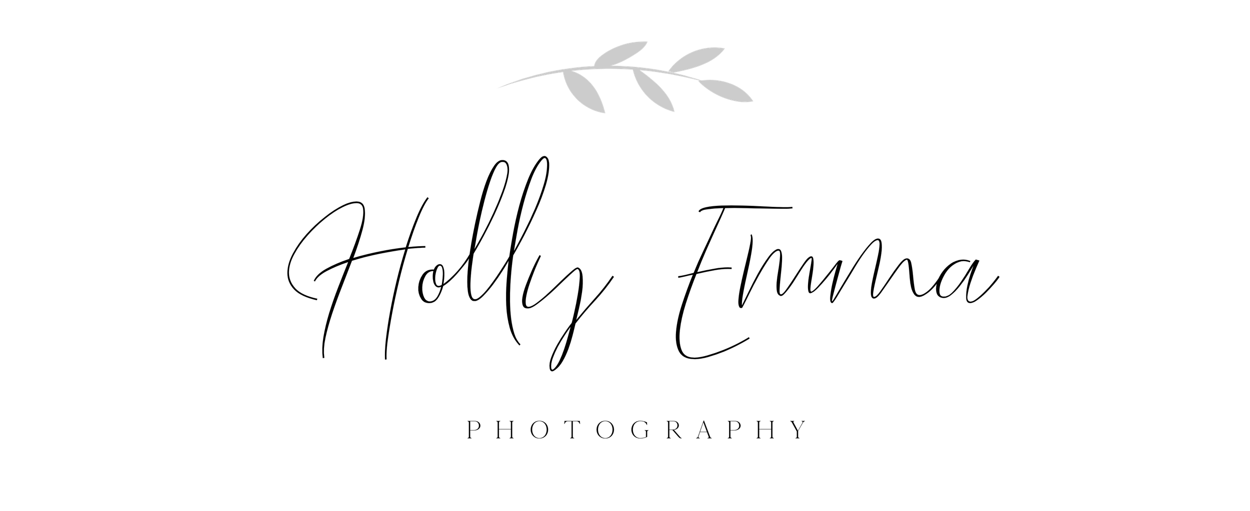 Elegant Holly Emma Photography logo with delicate script font and minimalist botanical leaf illustration on white background.