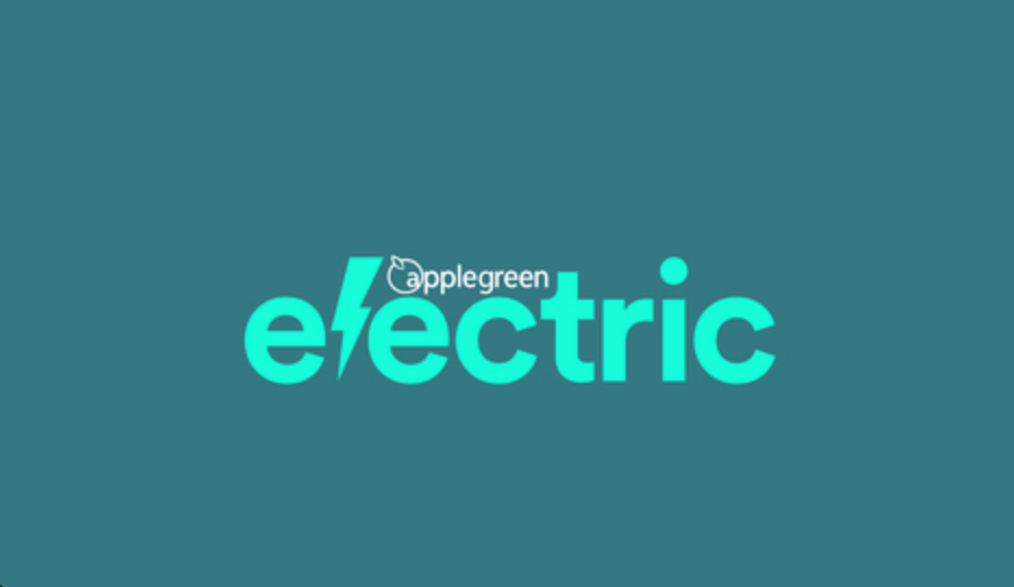 Applegreen Electric logo featuring bold teal typography on a dark teal background.