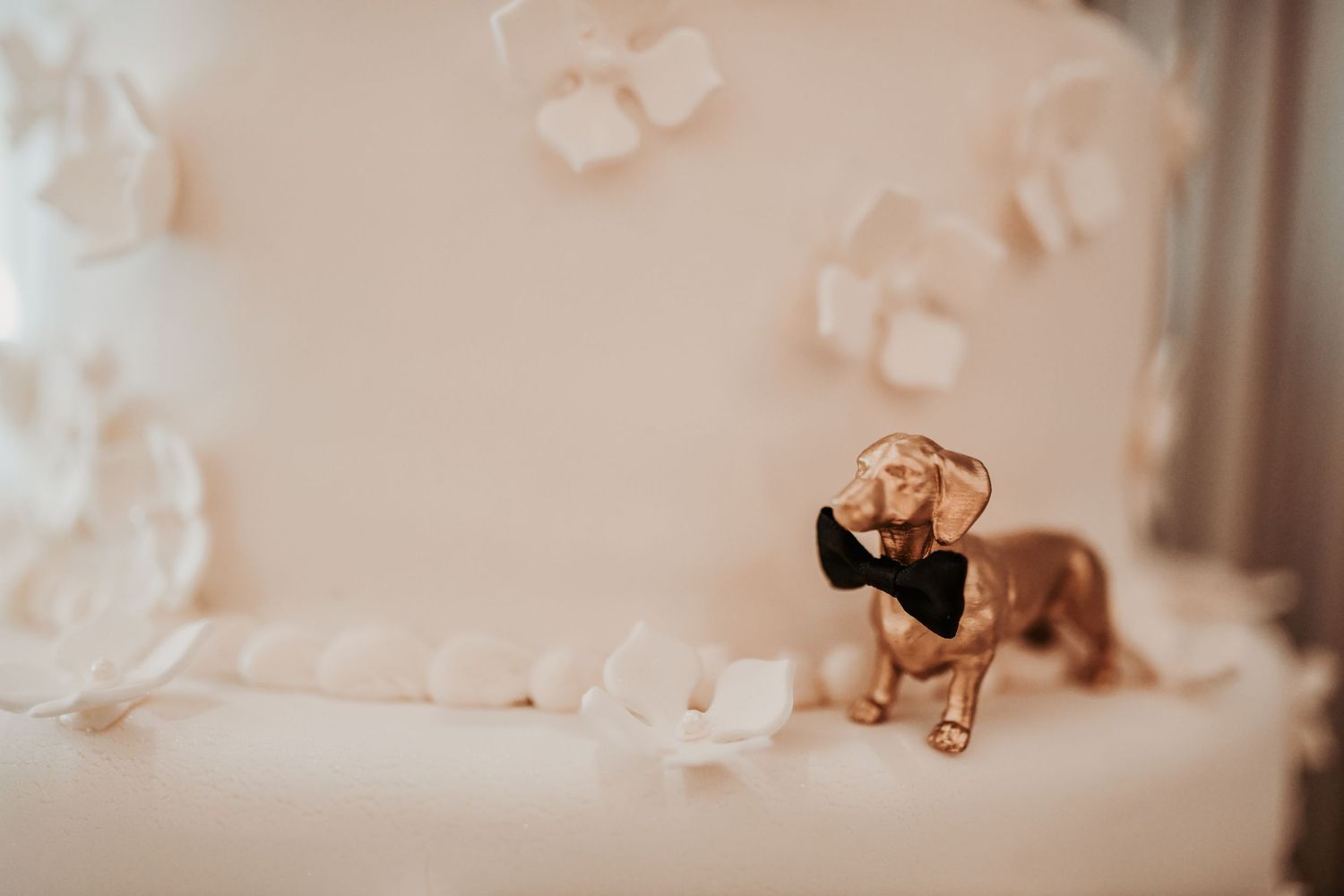 Bride and groom smiling while cutting their elegant wedding cake