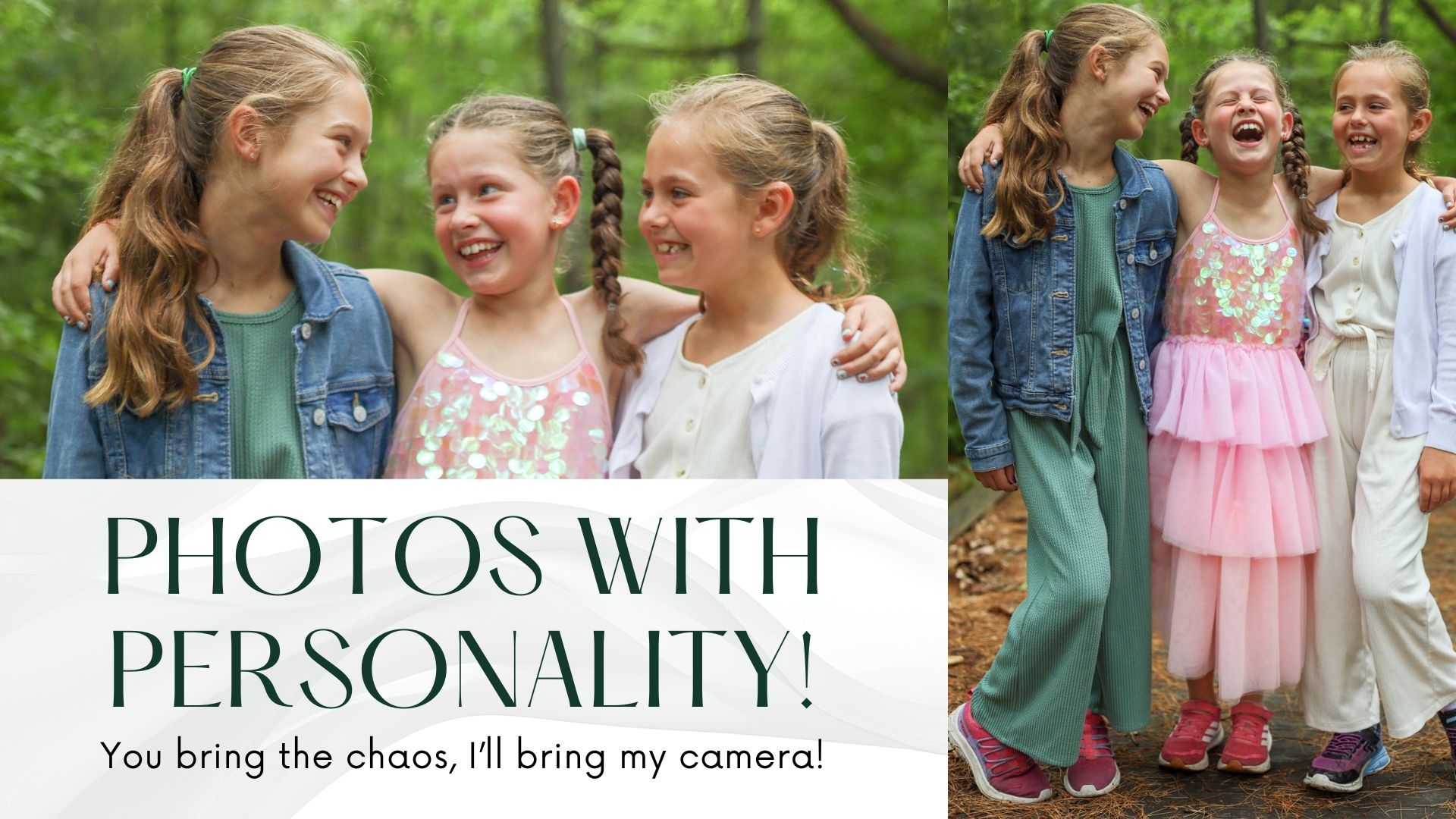 Three smiling girls posing outdoors for a personality-filled photo session in colorful dresses and casual outfits.
