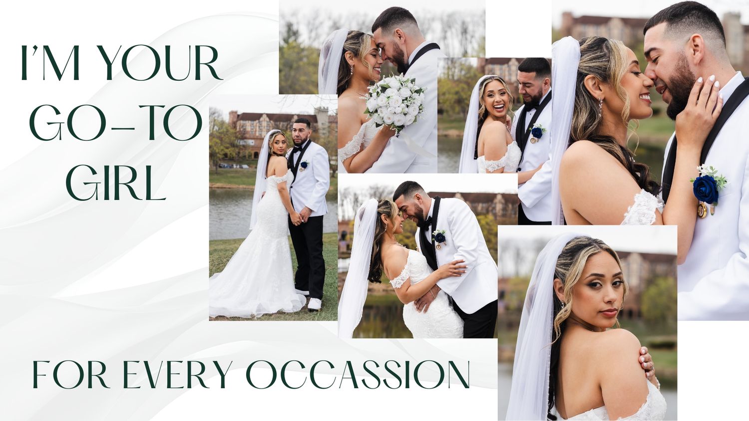 Wedding couple posing outdoors, bride in white gown with veil, groom in black tuxedo, romantic photo collage.
