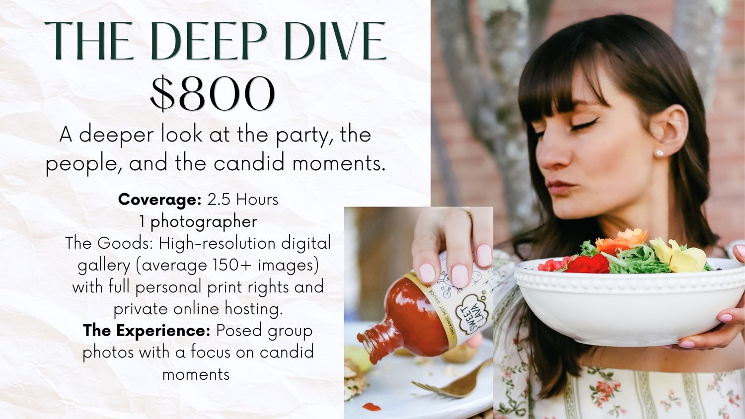 Woman reviewing photography package details for The Deep Dive $800 plan offering 2.5 hours coverage and 100+ images.
