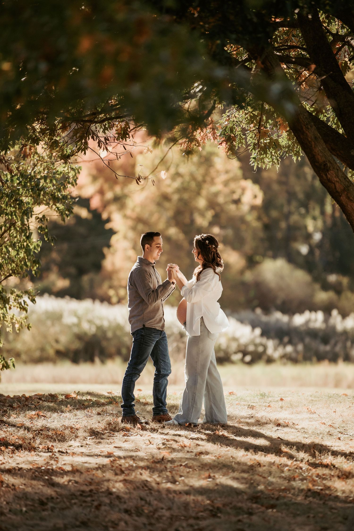 Two people stand together holding hands under a tree in a romantic outdoor setting with soft sunlit bokeh background.