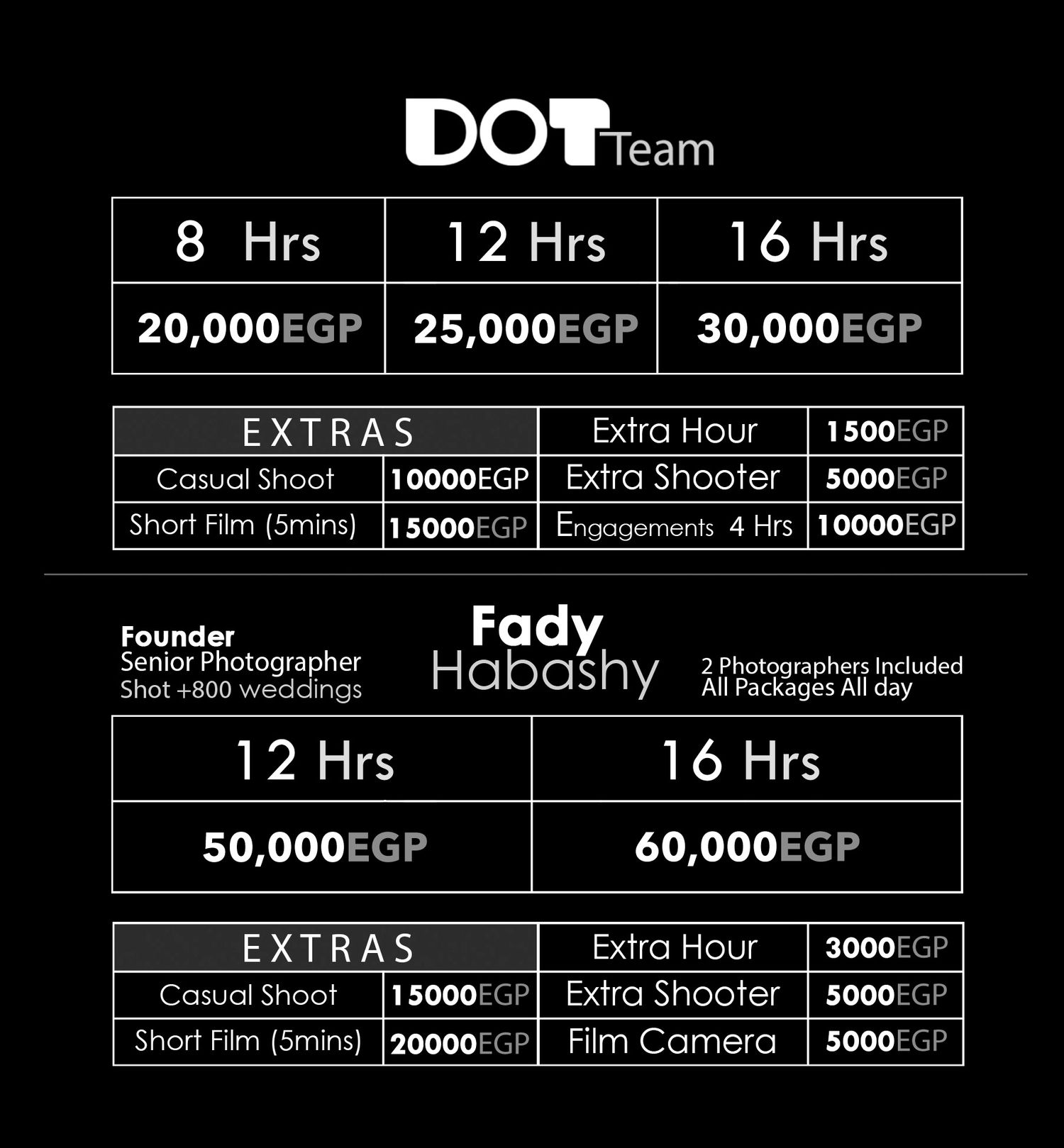 Photography pricing menu showing different packages and services offered by DOT Team.