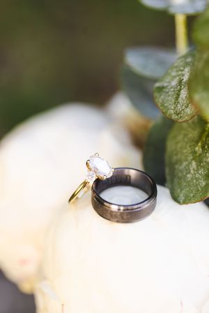 Close-up macro photo of a delicate white wedding ring resting on green leaves with soft bokeh background.