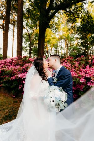 A romantic wedding photo among blooming pink azaleas and tall trees.