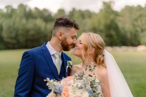 A romantic wedding photo series showing tender moments between a bride and groom in a sunlit outdoor setting.