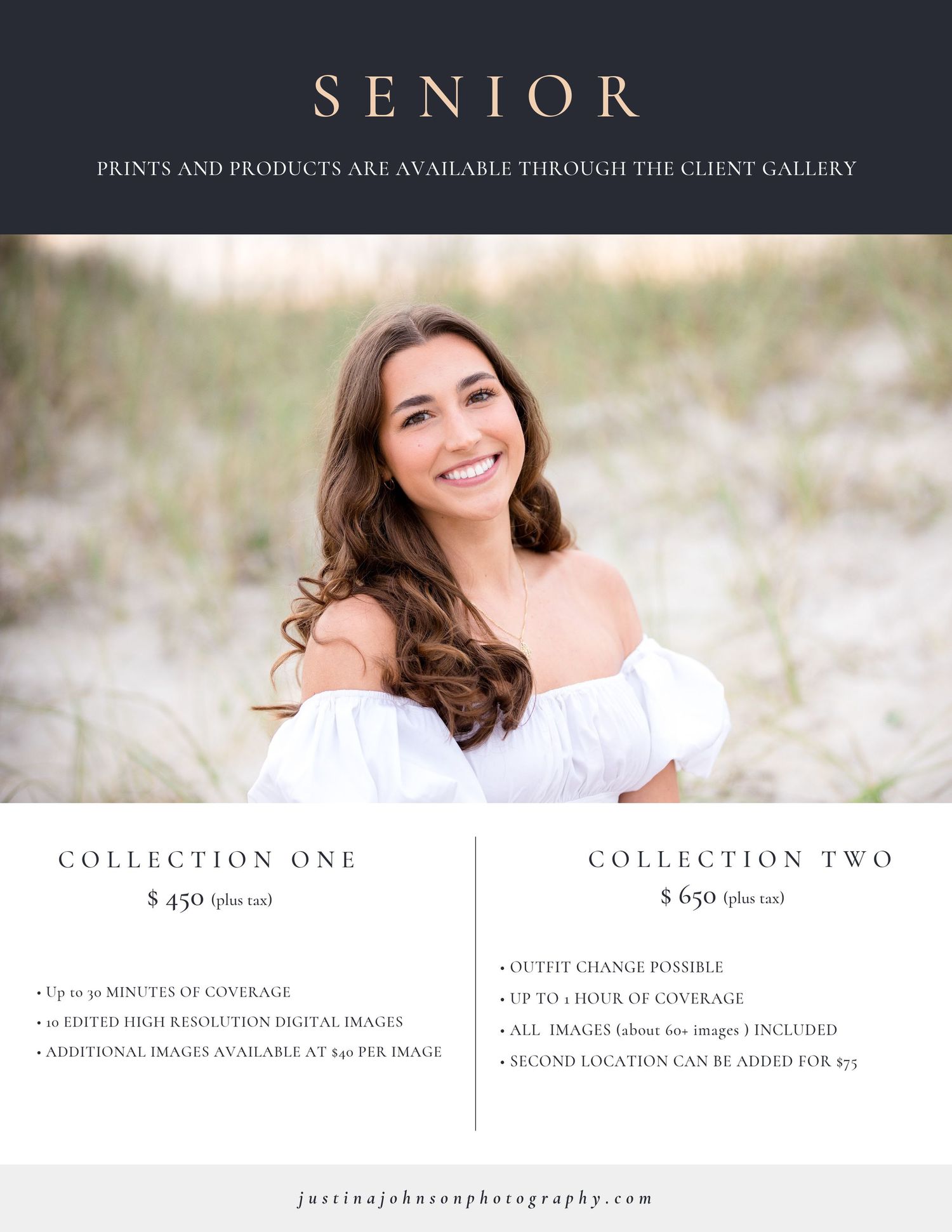 Photography pricing menu for senior portrait sessions showcasing outdoor beach setting options.