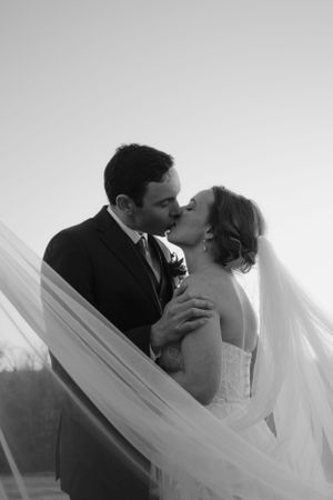 Black and white romantic sequence with flowing veil creating dramatic silhouette.