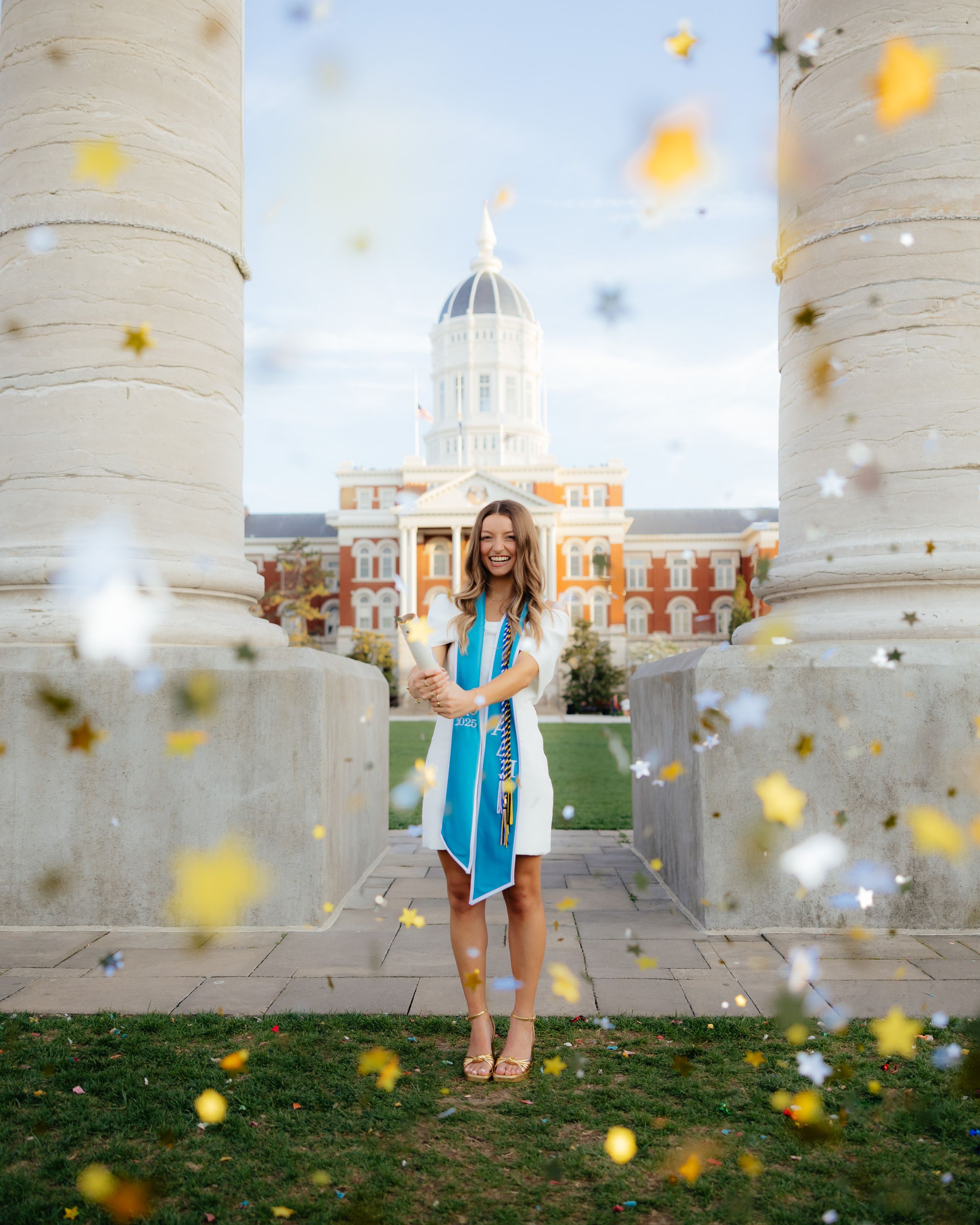 Joyful graduation photos with confetti and columns at a university campus.