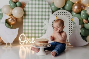 Baby celebrates first birthday smashing a cake surrounded by green balloons and chicken decorations with a neon One sign.