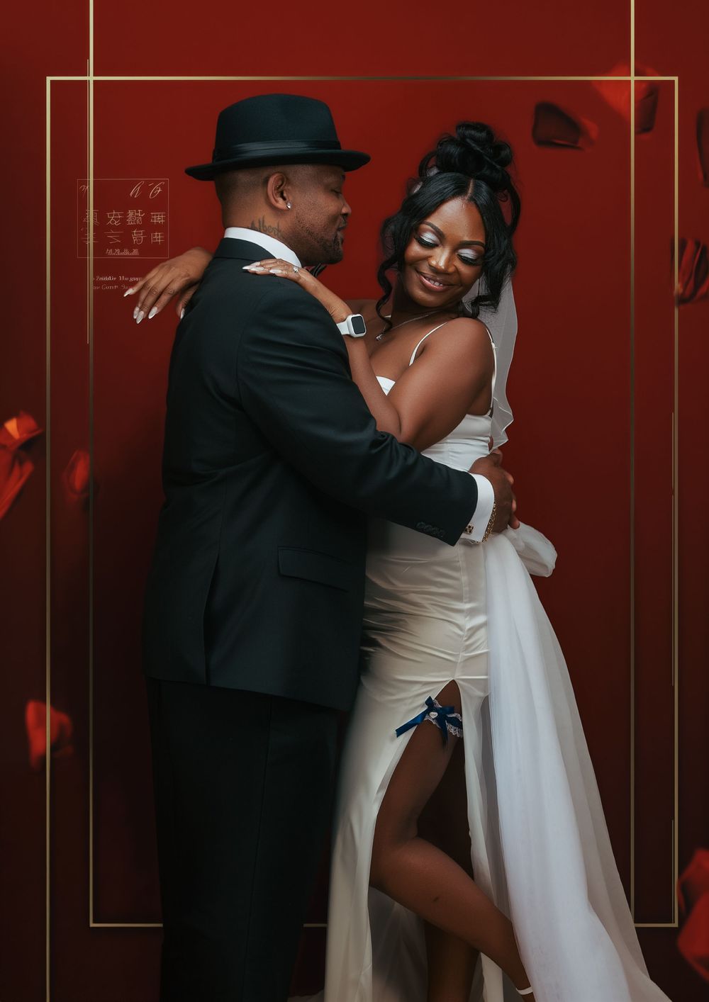 A romantic wedding couple shares an intimate dance moment against a red backdrop in elegant attire.