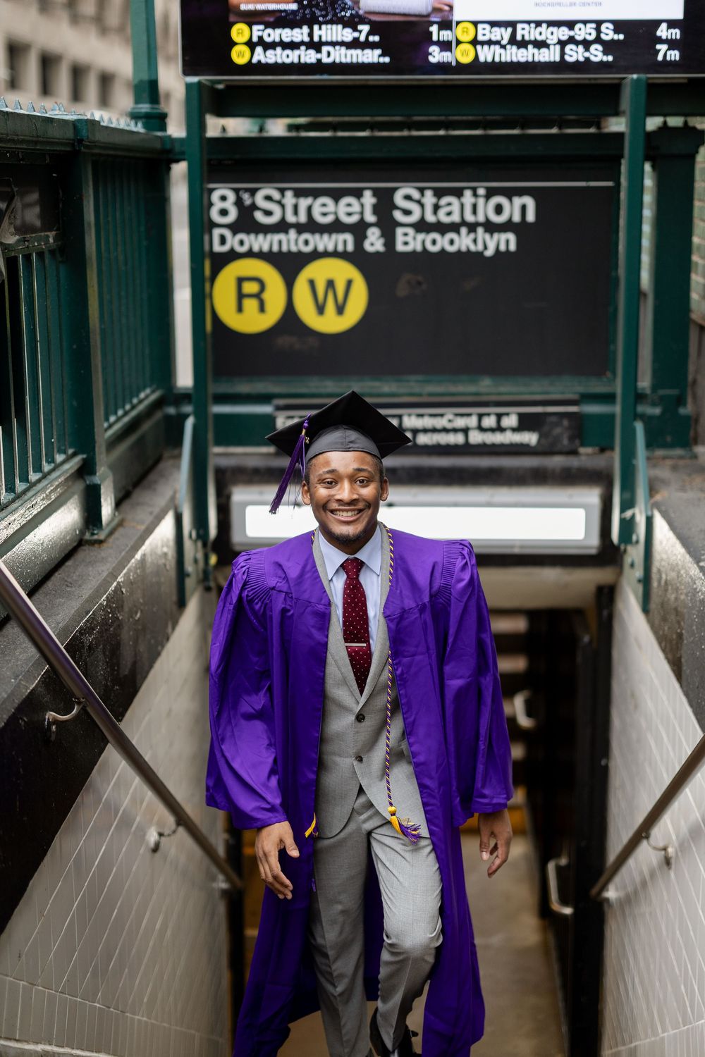 A series of subway station photos showing someone in a purple graduation gown and grey suit emerging from the station.