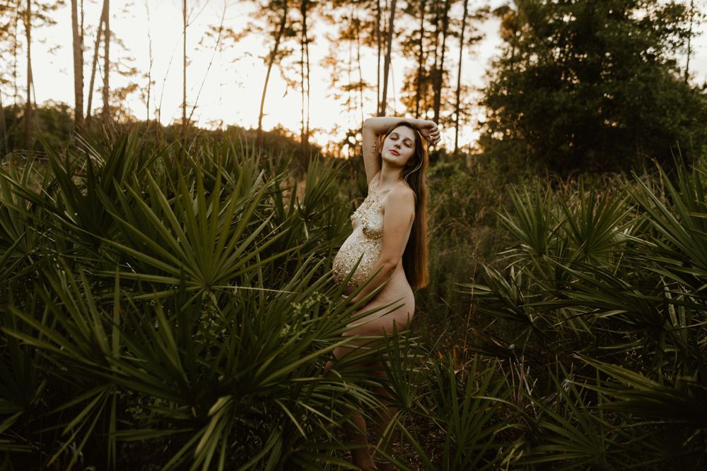 Artistic maternity portrait in natural setting with palm fronds at golden hour.