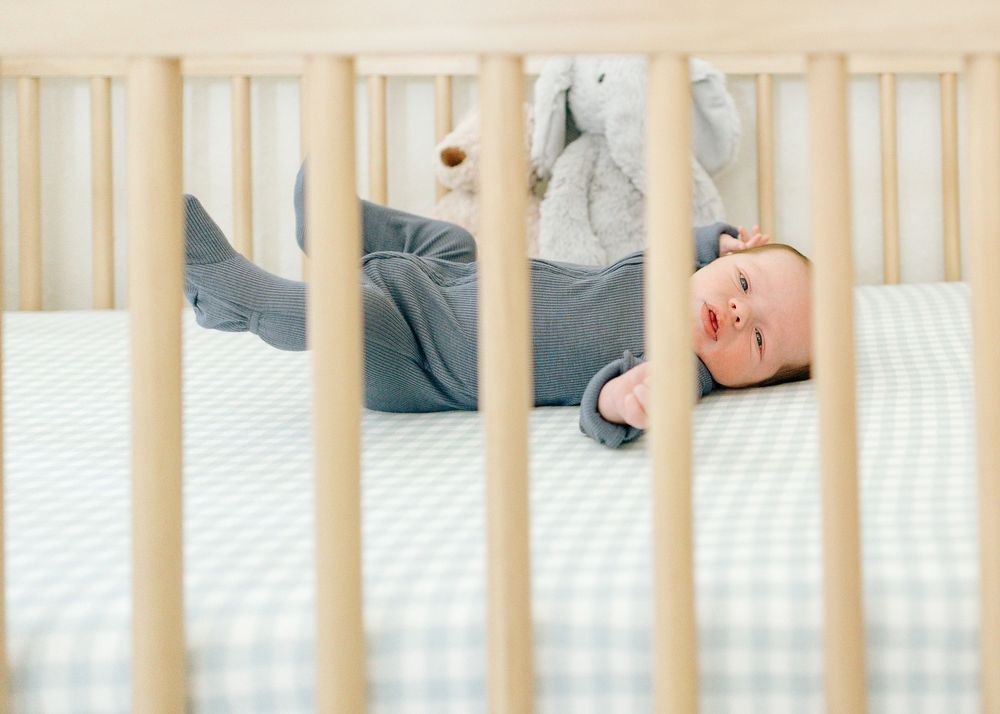 Smiling baby in gray onesie lying in a wooden crib with a plush elephant toy on a gingham sheet.