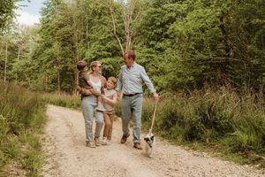 Family walking together along a peaceful forest path on a sunny afternoon.