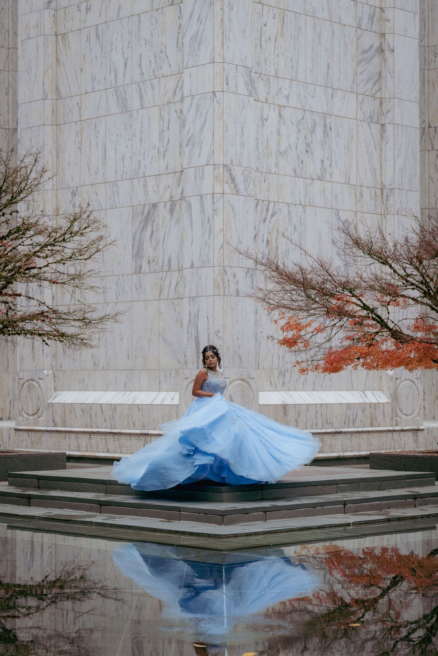 Dramatic editorial gown session in Salem Oregon, courthouse steps, fashion portrait in the PNW.