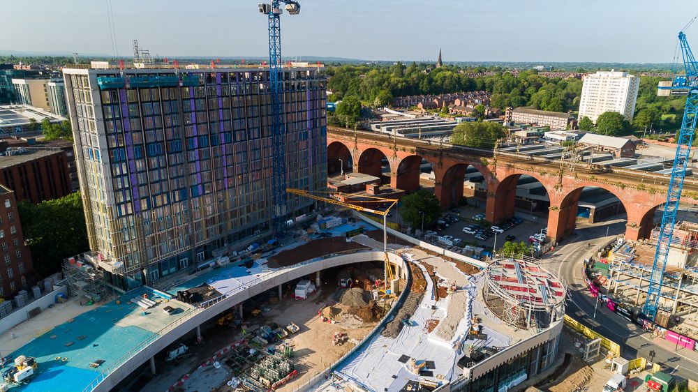 Drone Construction photograph of Stockport Interchange under construction aerial photo