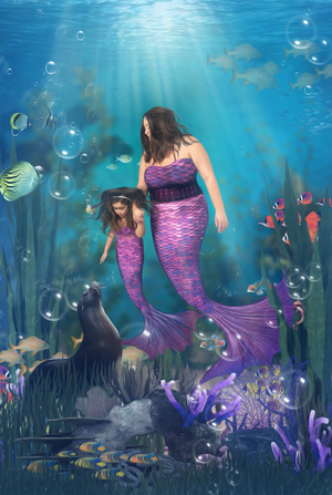 Two mermaids with purple tails swim underwater among colorful fish, coral, and bubbles in a vibrant ocean scene.