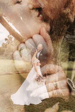 Double exposure wedding photo blending a couple in formal attire with a close-up of a bearded mans face and an oak tree.