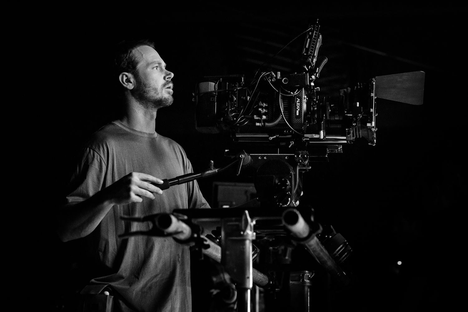 Behind the scenes black and white photography; camera operator with camera; Clarissa Anello