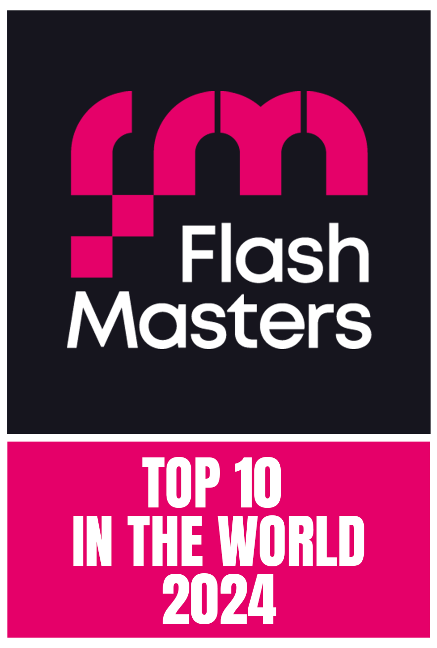 Flash Masters Top 10 in the World 2024 text logo design in black and pink colors.