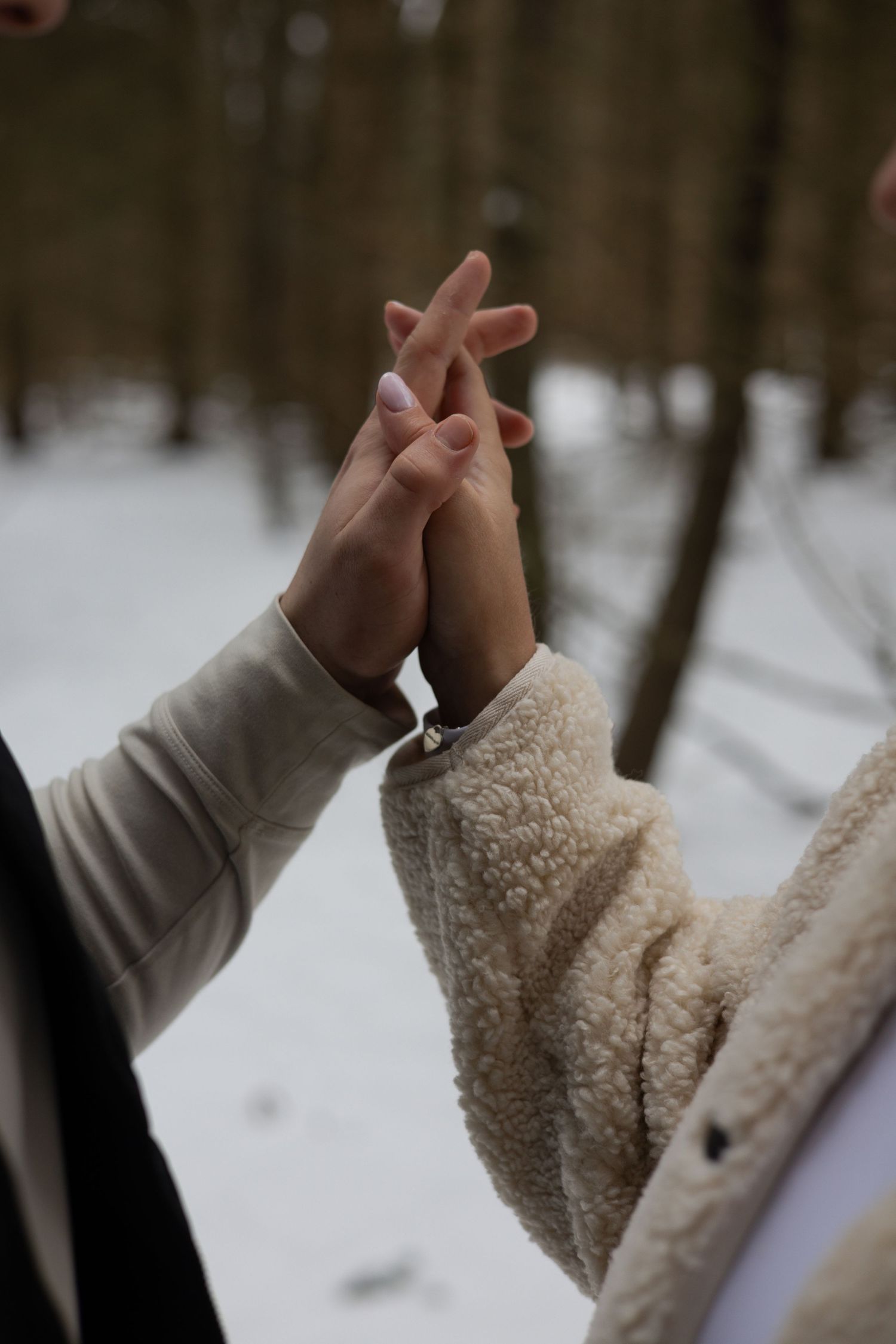 Two hands in warm winter clothing touch fingers together against a snowy forest background.