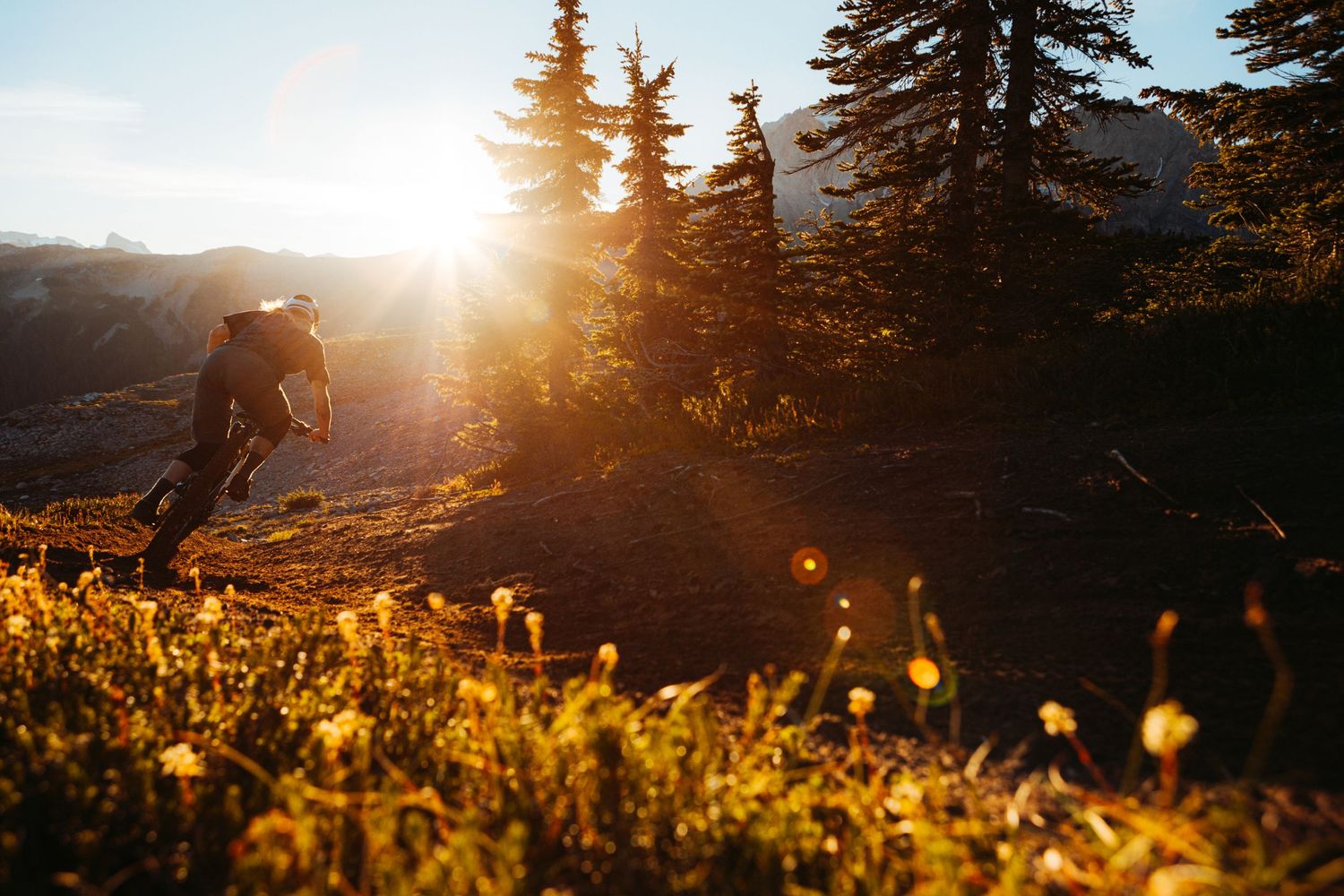 Mountain biker traversing alpine terrain during golden hour sunlight.