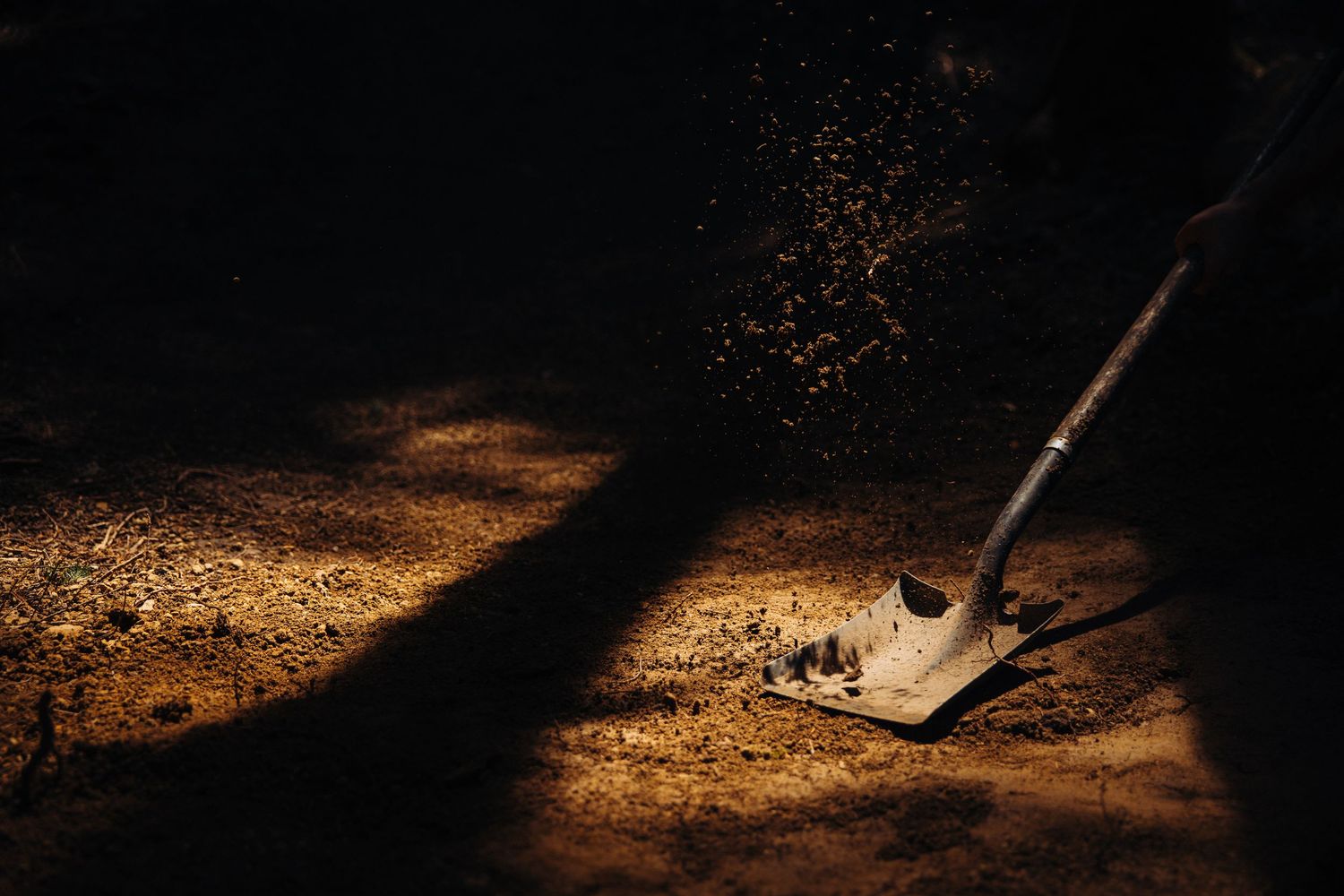 A shovel rests on sunlit ground in dramatic chiaroscuro lighting, casting a long shadow across the dirt.